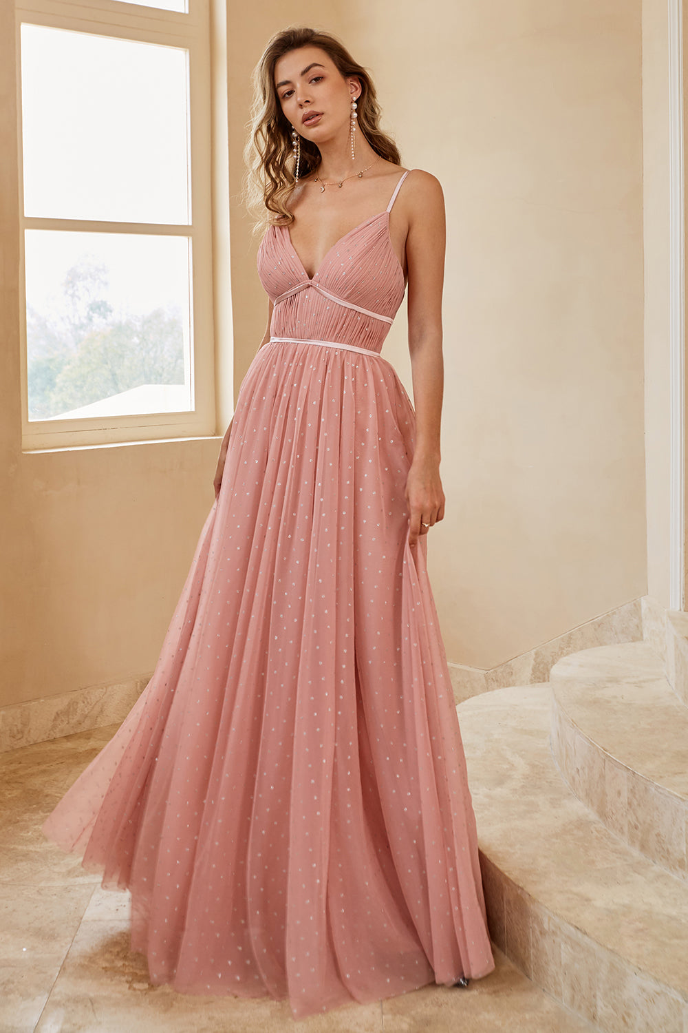Grey Pink A Line Spaghetti Straps Long Bridesmaid Dress with Ruffles