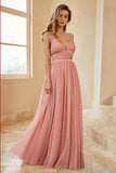 Grey Pink A Line Spaghetti Straps Long Bridesmaid Dress with Ruffles