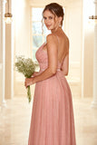 Grey Pink A Line Spaghetti Straps Long Bridesmaid Dress with Ruffles