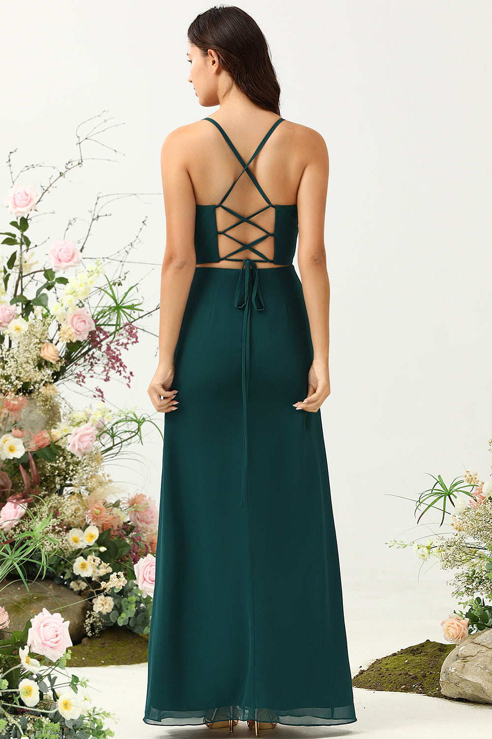 Pine A Line Corset Chiffon Bridesmaid Dress with Open Back