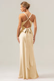 Champagne Mermaid Deep V Neck Ruched Long Bridesmaid Dress with Lace Up Back