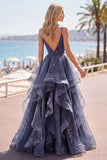 Starry Dusty Blue A Line Spaghetti Straps Ruffled Prom Dress