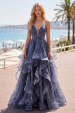 Starry Dusty Blue A Line Spaghetti Straps Ruffled Prom Dress