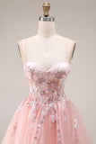 Blush Appliqued Spaghetti Straps Corset Tulle A Line Long Prom Dress
