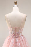 Blush Appliqued Spaghetti Straps Corset Tulle A Line Long Prom Dress