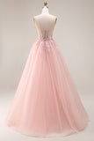 Blush Appliqued Spaghetti Straps Corset Tulle A Line Long Prom Dress