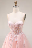 Blush Appliqued Spaghetti Straps Corset Tulle A Line Long Prom Dress