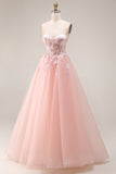 Blush Appliqued Spaghetti Straps Corset Tulle A Line Long Prom Dress