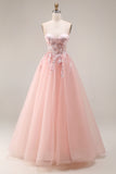 Blush Appliqued Spaghetti Straps Corset Tulle A Line Long Prom Dress
