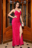 Sparkly Hot Pink Mermaid Spaghetti Straps V-Neck Sequin Long Prom Dress With Split