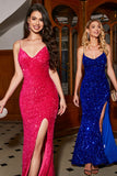 Sparkly Hot Pink Mermaid Spaghetti Straps V-Neck Sequin Long Prom Dress With Split