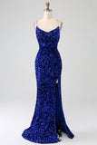 Sparkly Hot Pink Mermaid Spaghetti Straps V-Neck Sequin Long Prom Dress With Split