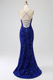 Sparkly Hot Pink Mermaid Spaghetti Straps V-Neck Sequin Long Prom Dress With Split