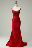 Dark Red Mermaid Spaghetti Straps Beaded Prom Dress with Appliques