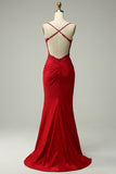 Dark Red Mermaid Spaghetti Straps Beaded Prom Dress with Appliques