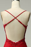 Dark Red Mermaid Spaghetti Straps Beaded Prom Dress with Appliques