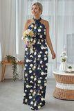 Navy Bloom Halter Sheath Plus Size Floral Long Bridesmaid Dress