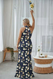 Navy Bloom Halter Sheath Plus Size Floral Long Bridesmaid Dress