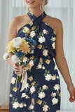 Navy Bloom Halter Sheath Plus Size Floral Long Bridesmaid Dress