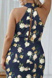 Navy Bloom Halter Sheath Plus Size Floral Long Bridesmaid Dress