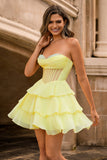 Yellow Strapless Corset A Line Beaded Graduation Dress