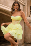 Yellow Strapless Corset A Line Beaded Graduation Dress