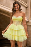 Yellow Strapless Corset A Line Beaded Graduation Dress