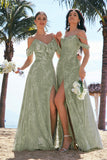 Dusty Sage A Line Cold Shoulder Burnout Velvet Floor Length Dress with Slit