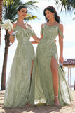 Dusty Sage A Line Cold Shoulder Burnout Velvet Floor Length Dress with Slit