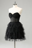 Sparkly Cute A Line Sweetheart Tiered Corset Little Black Dress