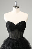 Sparkly A Line Sweetheart Tiered Corset Cute Little Black Dress
