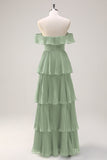 Eucalyptus A-Line Off The Shoulder Tiered Pleated Floor Length Bridesmaid Dress