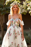 Off the Shoulder White Tulle A Line Embroidered Sweep Train Wedding Dress
