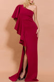 One Shoulder Red Long Formal Dress with Slit