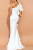 One Shoulder Mermaid Ruffled White Long Formal Dress