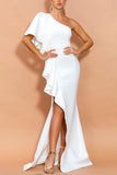 One Shoulder Mermaid Ruffled White Long Formal Dress