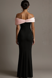 Black and Pink Off the Shoulder Ruched Sheath Long Evening Dress
