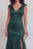 Dark Green Jacquard Mermaid V-Neck Mum of the Bride Dress with Slit