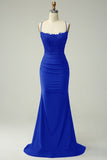 Dark Red Mermaid Spaghetti Straps Beaded Prom Dress with Appliques