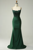 Dark Green Mermaid Spaghetti Straps Long Prom Dress with Appliques Beading