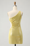 Stylish Yellow Bodycon One Shoulder Short Graduation Dress with Hollow Out