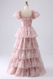 Light Blue A Line Square Neck Corset Tiered Long Prom Dress