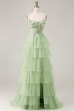 Tiered Corset Strapless Green Prom Dress with Appliques