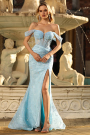 Blue Off the Shoulder Mermaid Corset Prom Dress