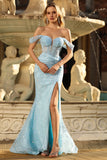 Blue Off the Shoulder Mermaid Corset Prom Dress
