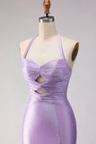 Mermaid Lilac Beaded Halter Keyhole Long Prom Dress With Slit