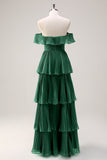 Eucalyptus A-Line Off The Shoulder Tiered Pleated Floor Length Bridesmaid Dress