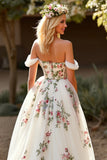 Off the Shoulder White Tulle A Line Embroidered Sweep Train Wedding Dress