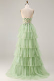 Tiered Corset Strapless Green Prom Dress with Appliques
