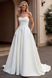 Strapless A Line Ivory Satin Ruched Wedding Dress